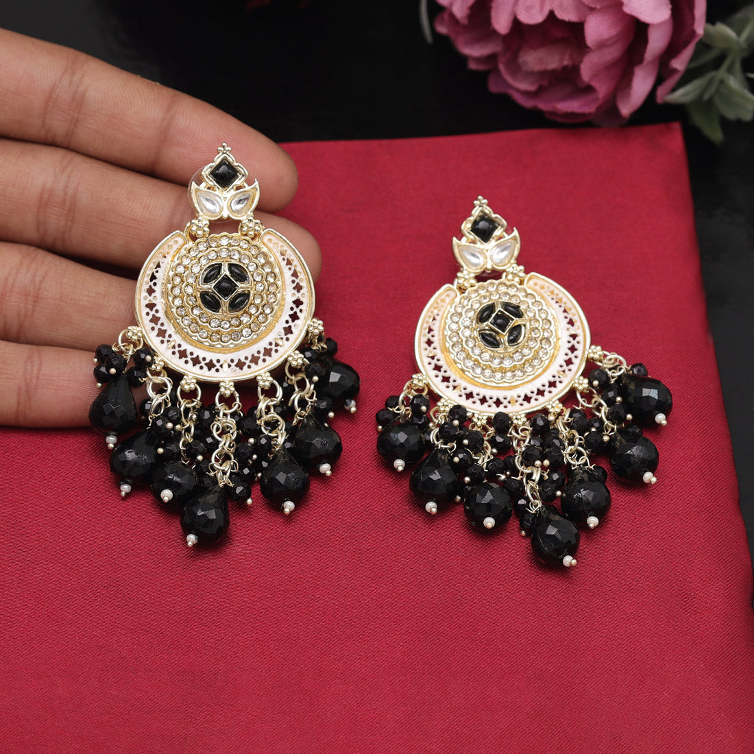 Black Color Kundan Earrings (KDE900BLK) - preyans.com