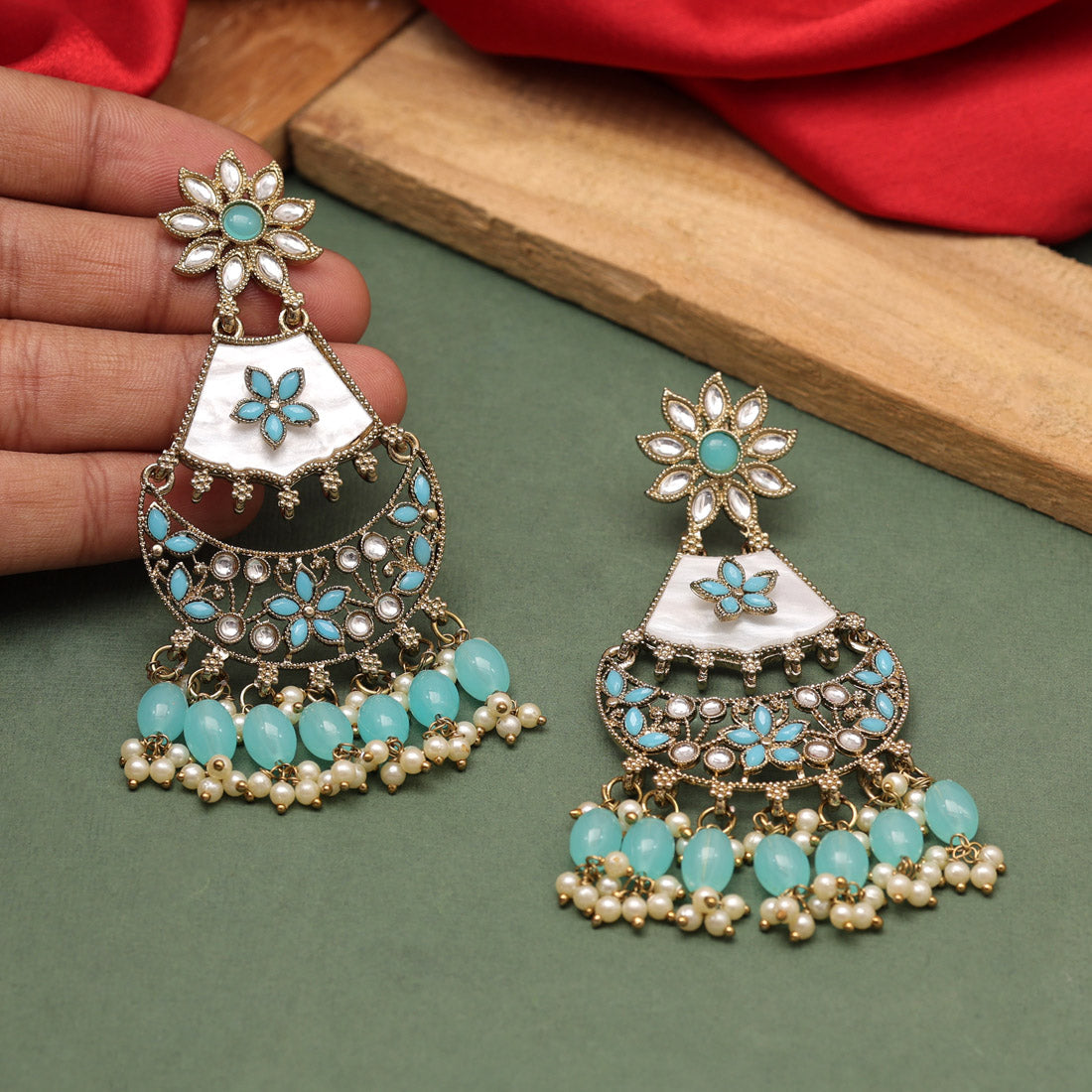 Firozi Color Kundan Earrings (KDE916FRZ) - preyans.com