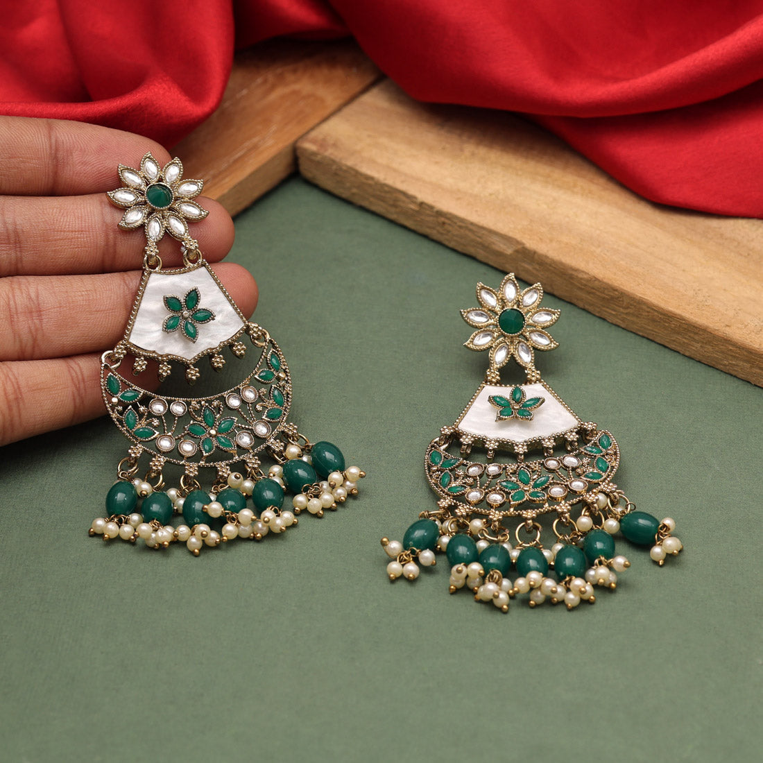 Green Color Kundan Earrings (KDE916GRN) - preyans.com