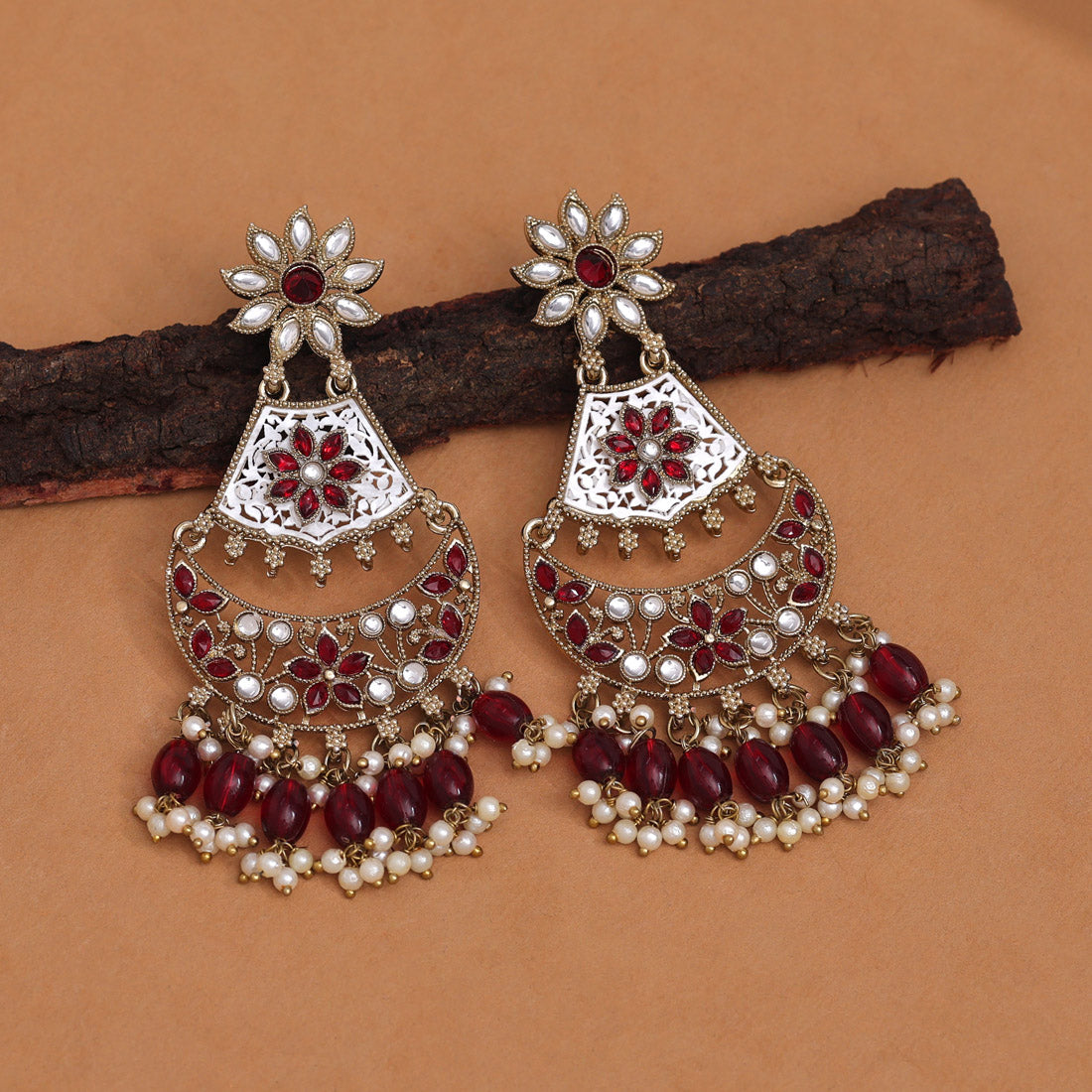 Maroon Color Kundan Earrings (KDE916MRN) - preyans.com