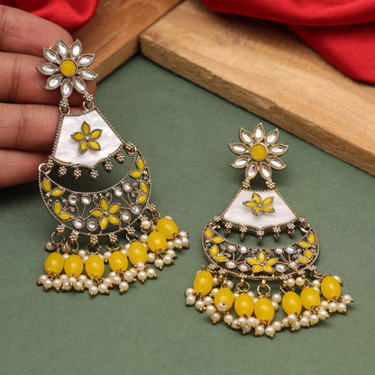 Yellow Color Kundan Earrings (KDE916YLW) - preyans.com