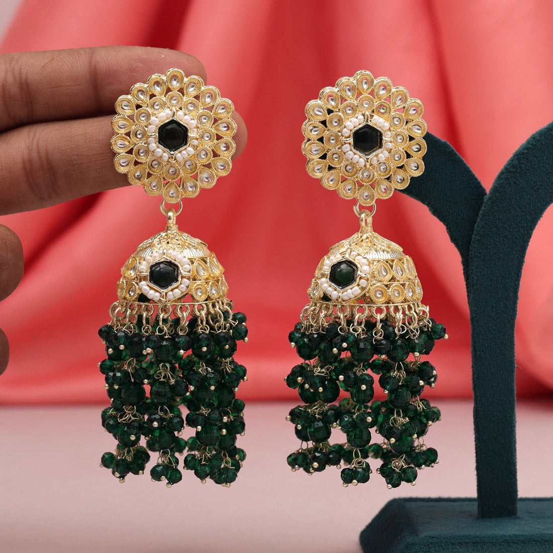 Green Color Kundan Earrings (KDE929GRN) - preyans.com