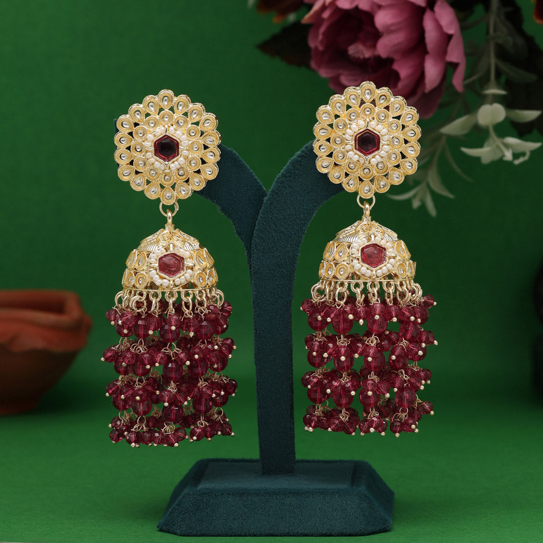 Magenta Color Kundan Earrings (KDE929MNT) - preyans.com