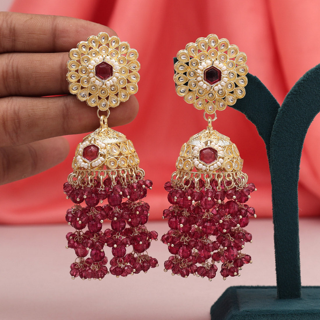 Magenta Color Kundan Earrings (KDE929MNT) - preyans.com