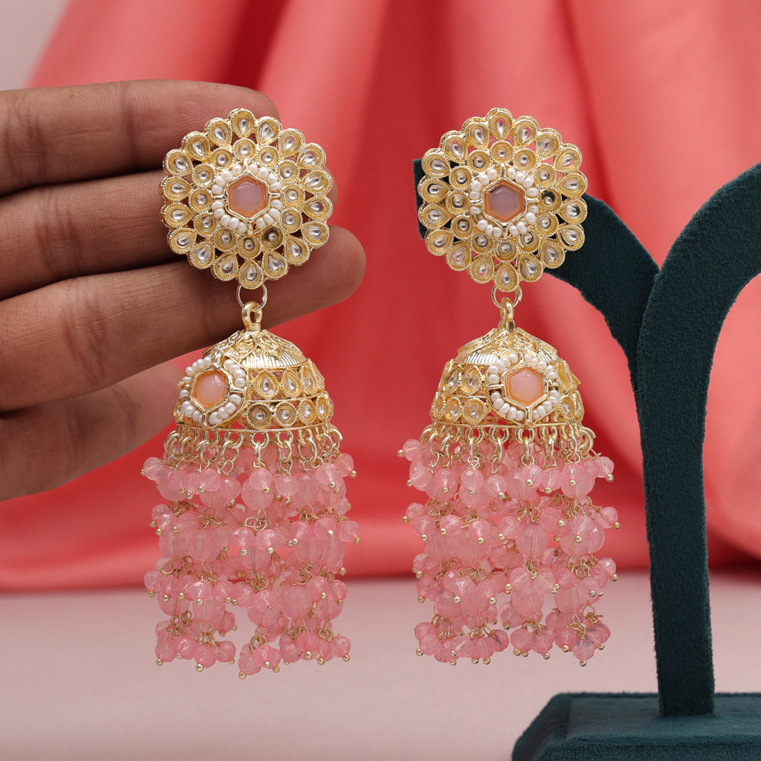 Pink Color Kundan Earrings (KDE929PNK) - preyans.com