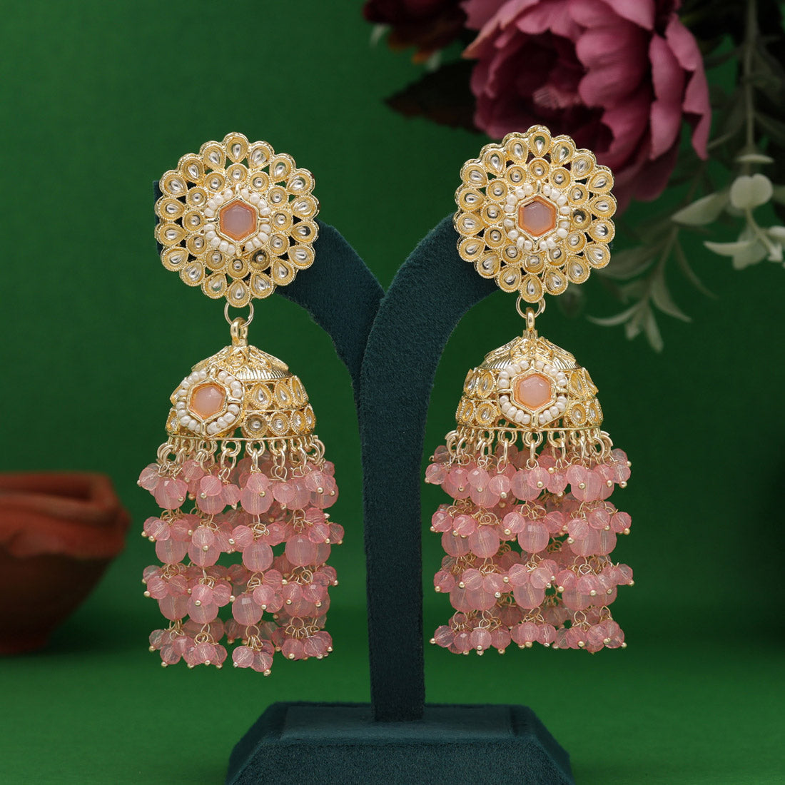 Pink Color Kundan Earrings (KDE929PNK) - preyans.com