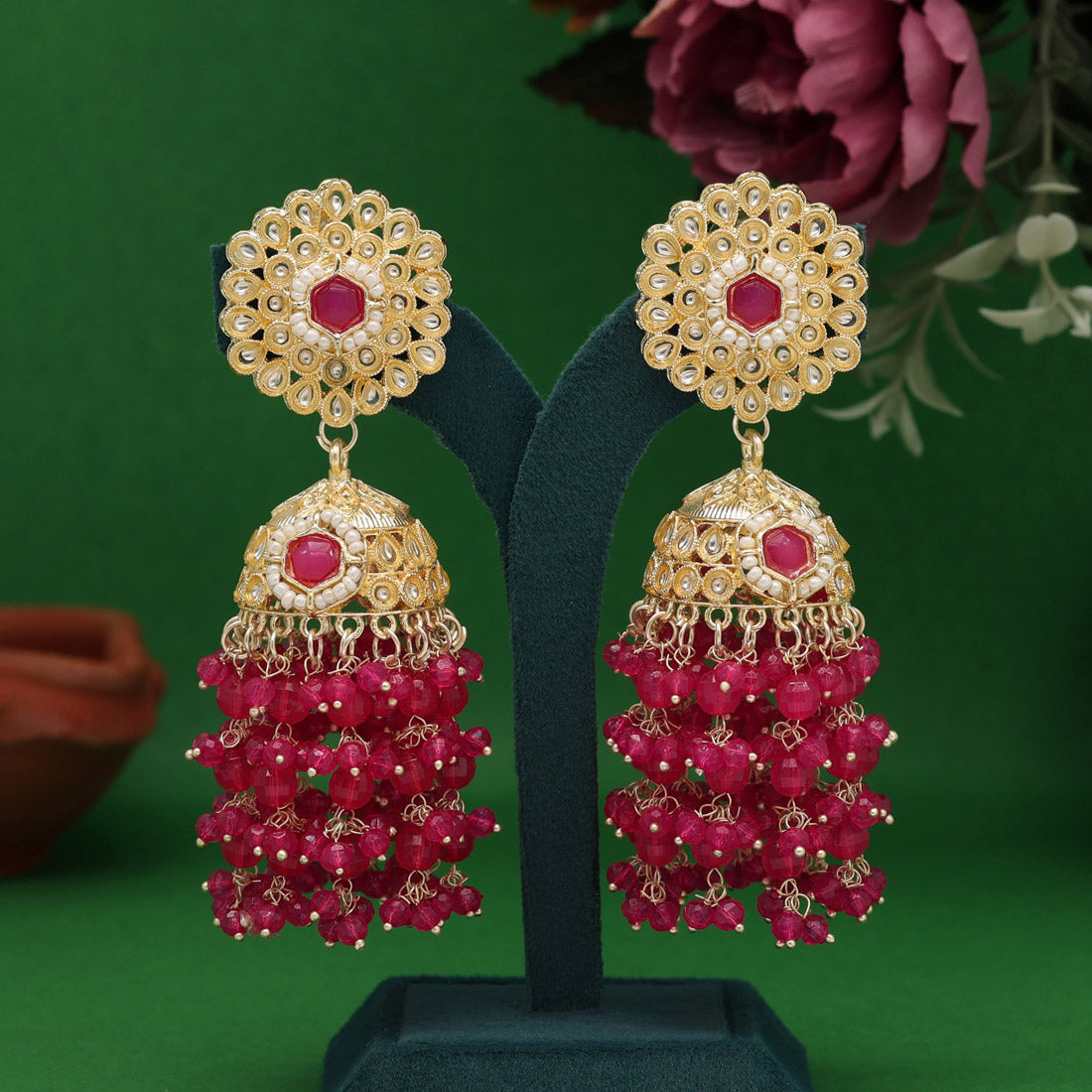 Rani Color Kundan Earrings (KDE929RNI) - preyans.com