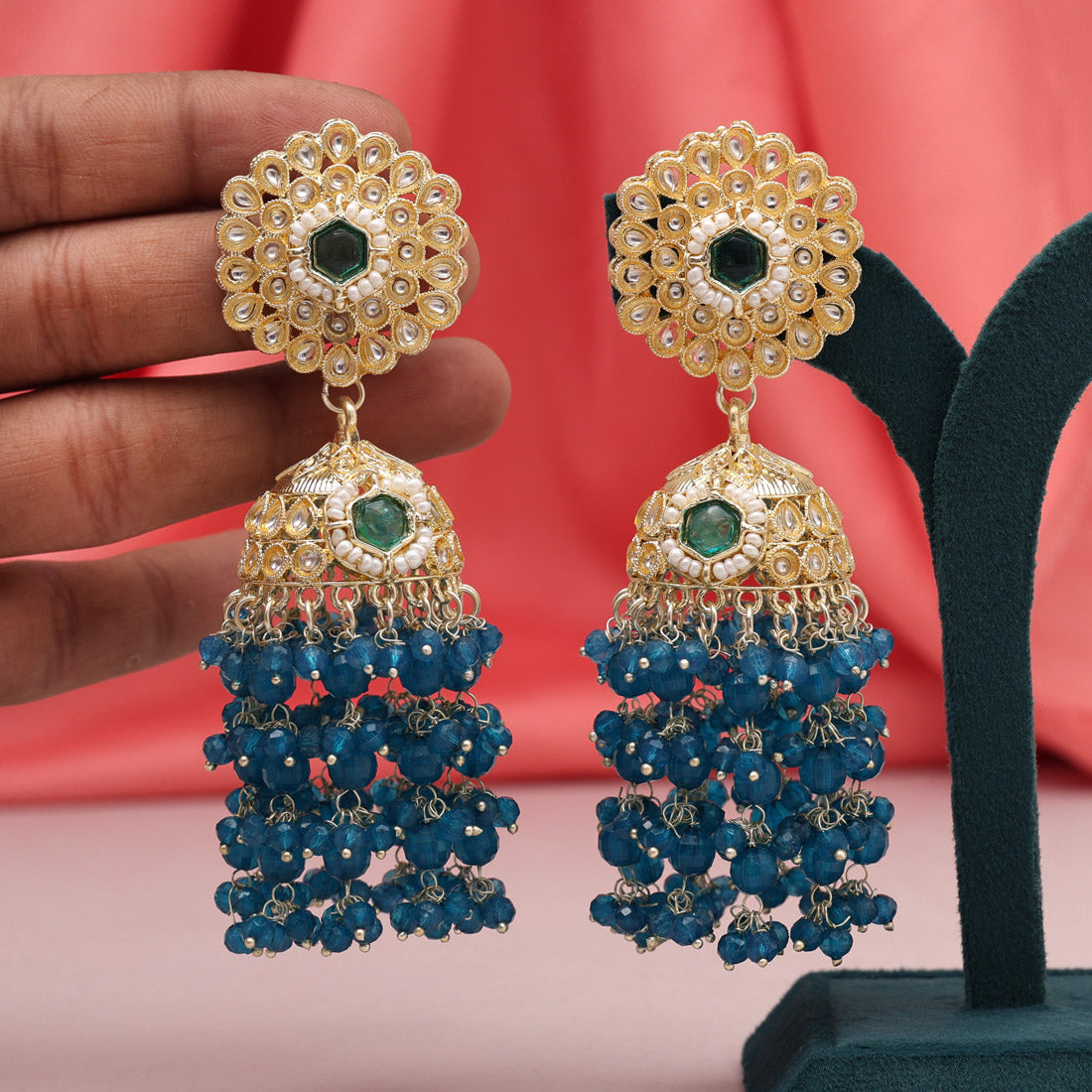 Turquoise Blue Color Kundan Earrings (KDE929TBLU) - preyans.com