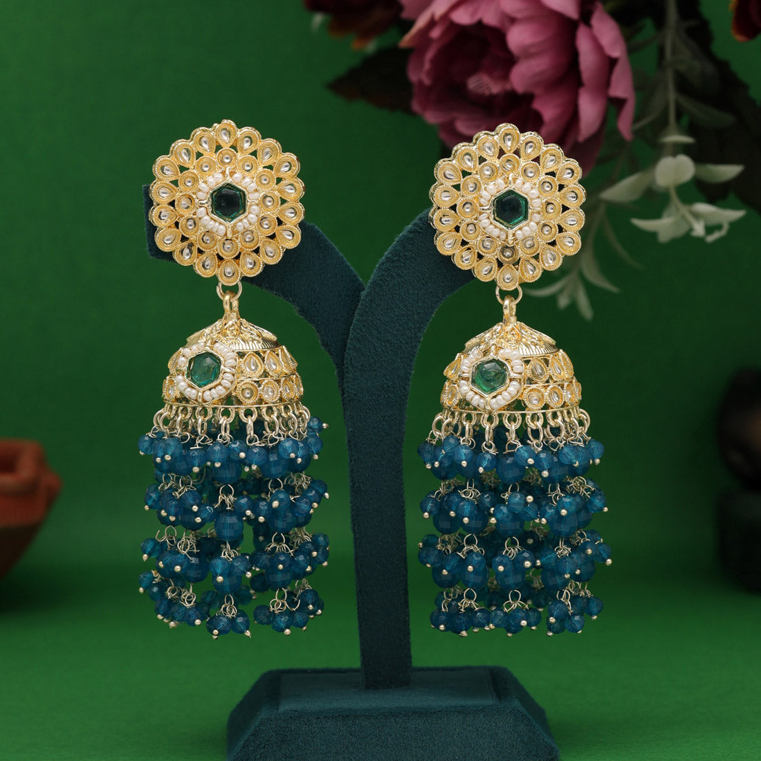 Turquoise Blue Color Kundan Earrings (KDE929TBLU) - preyans.com