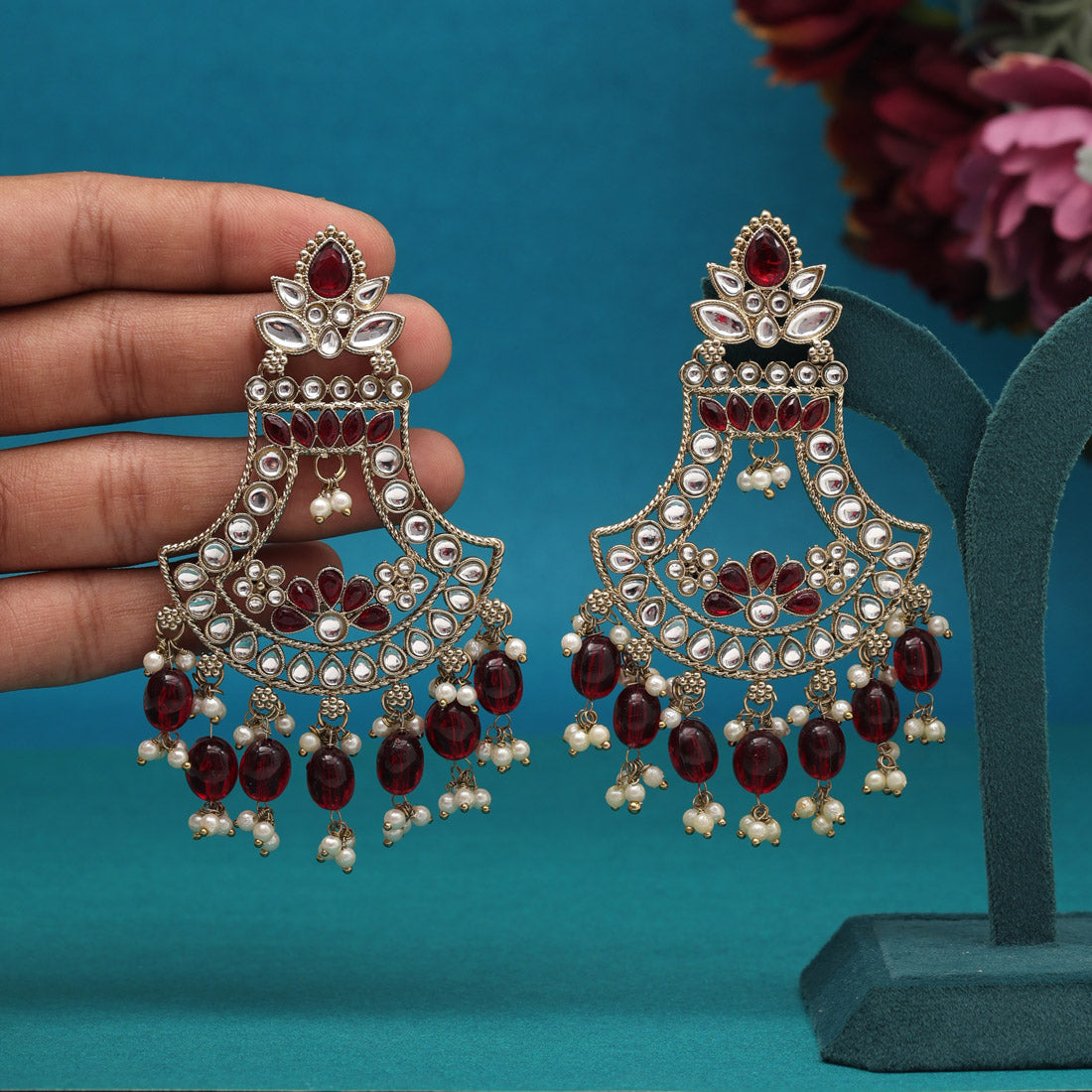 Maroon Color Kundan Earrings (KDE937MRN) - preyans.com