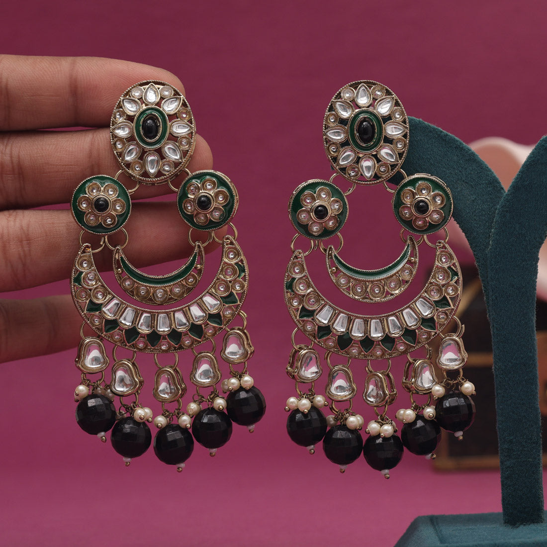 Black Color Kundan Earrings (KDE938BLK) - preyans.com