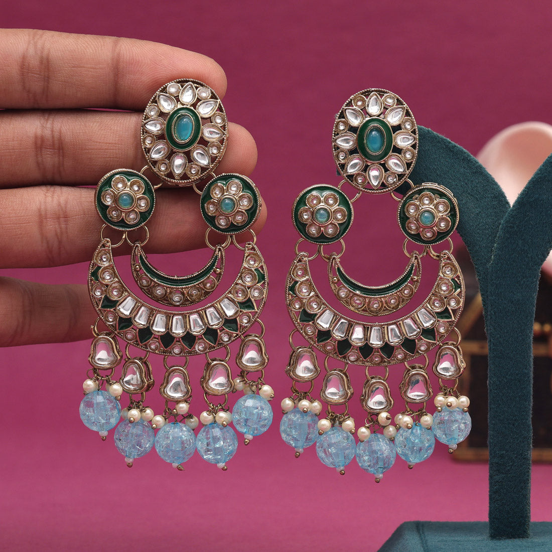 Sky Blue Color Kundan Earrings (KDE938SBLU) - preyans.com