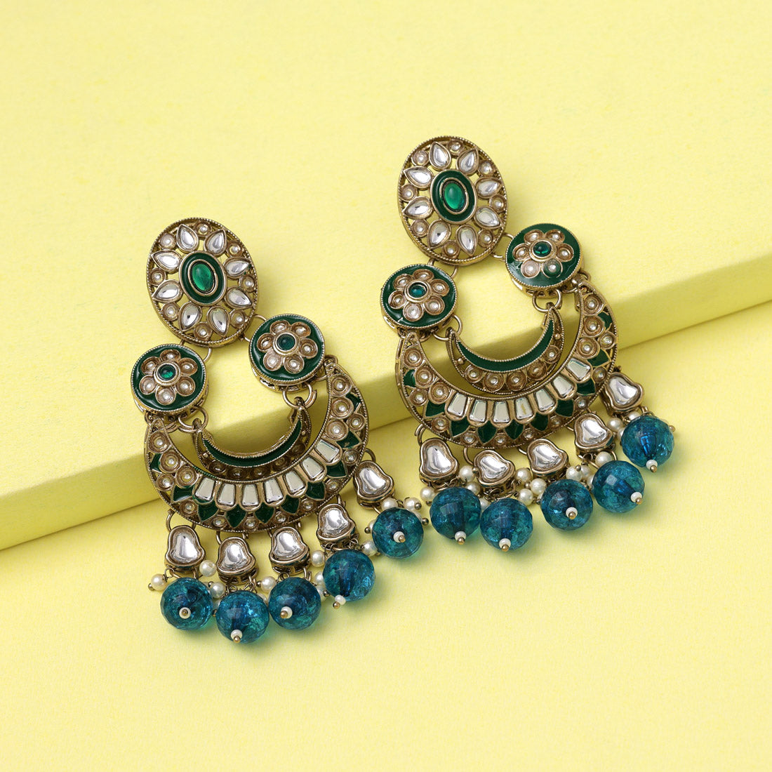 Turquoise Blue Color Kundan Earrings (KDE938TBLU) - preyans.com