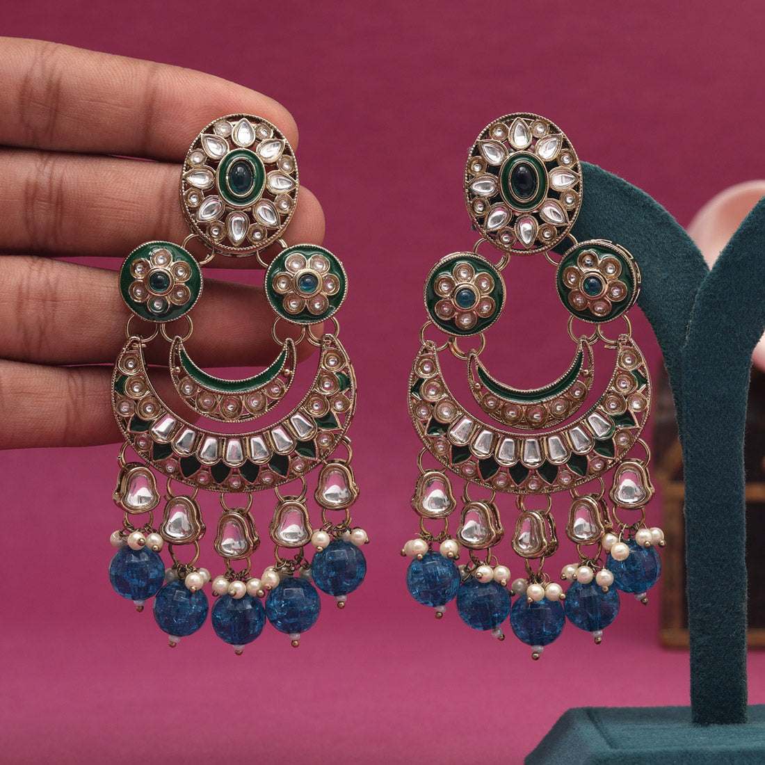 Turquoise Blue Color Kundan Earrings (KDE938TBLU) - preyans.com