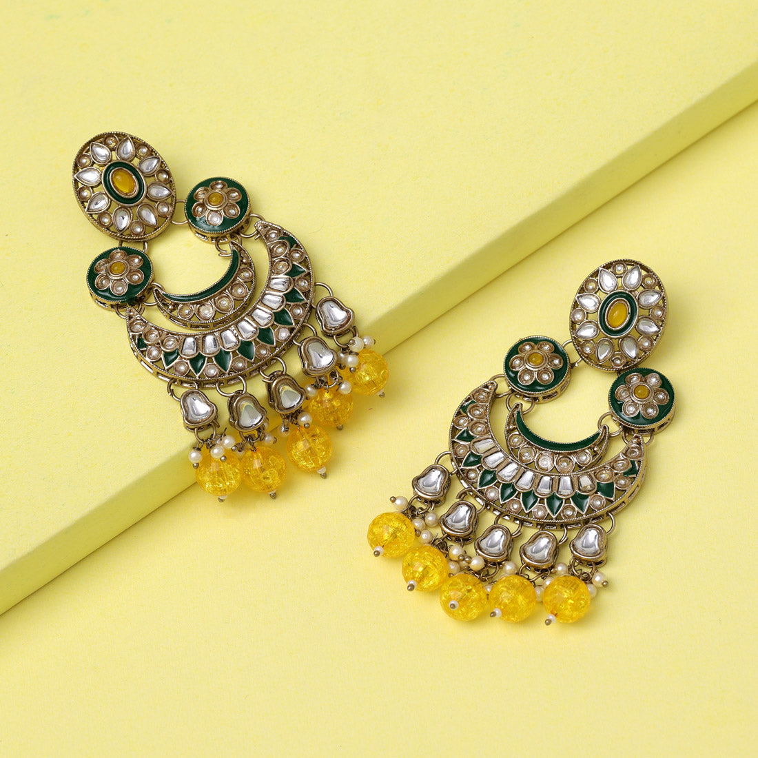 Yellow Color Kundan Earrings (KDE938YLW) - preyans.com