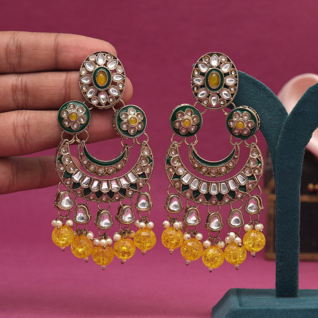 Yellow Color Kundan Earrings (KDE938YLW) - preyans.com