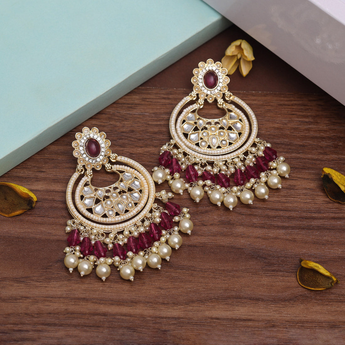 Magenta Color Kundan Earrings (KDE939MNT) - preyans.com