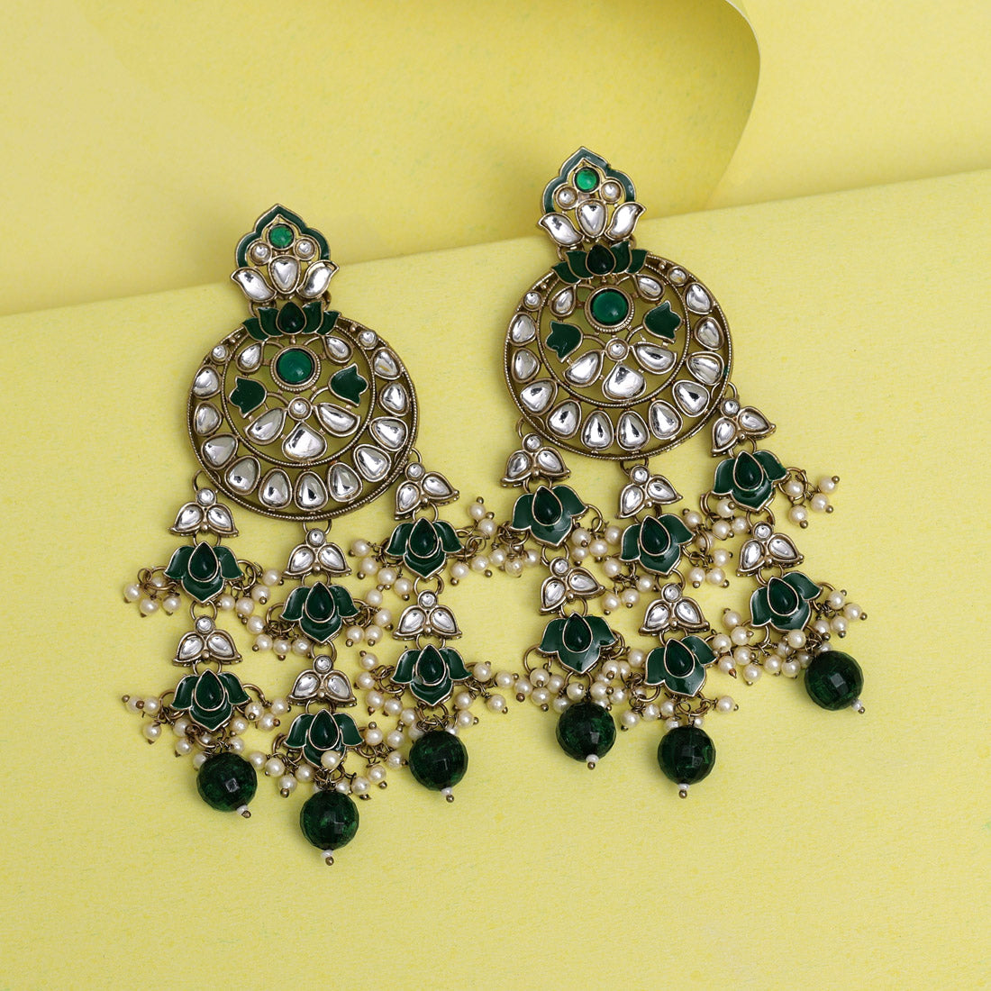 Green Color Kundan Earrings (KDE941GRN) - preyans.com