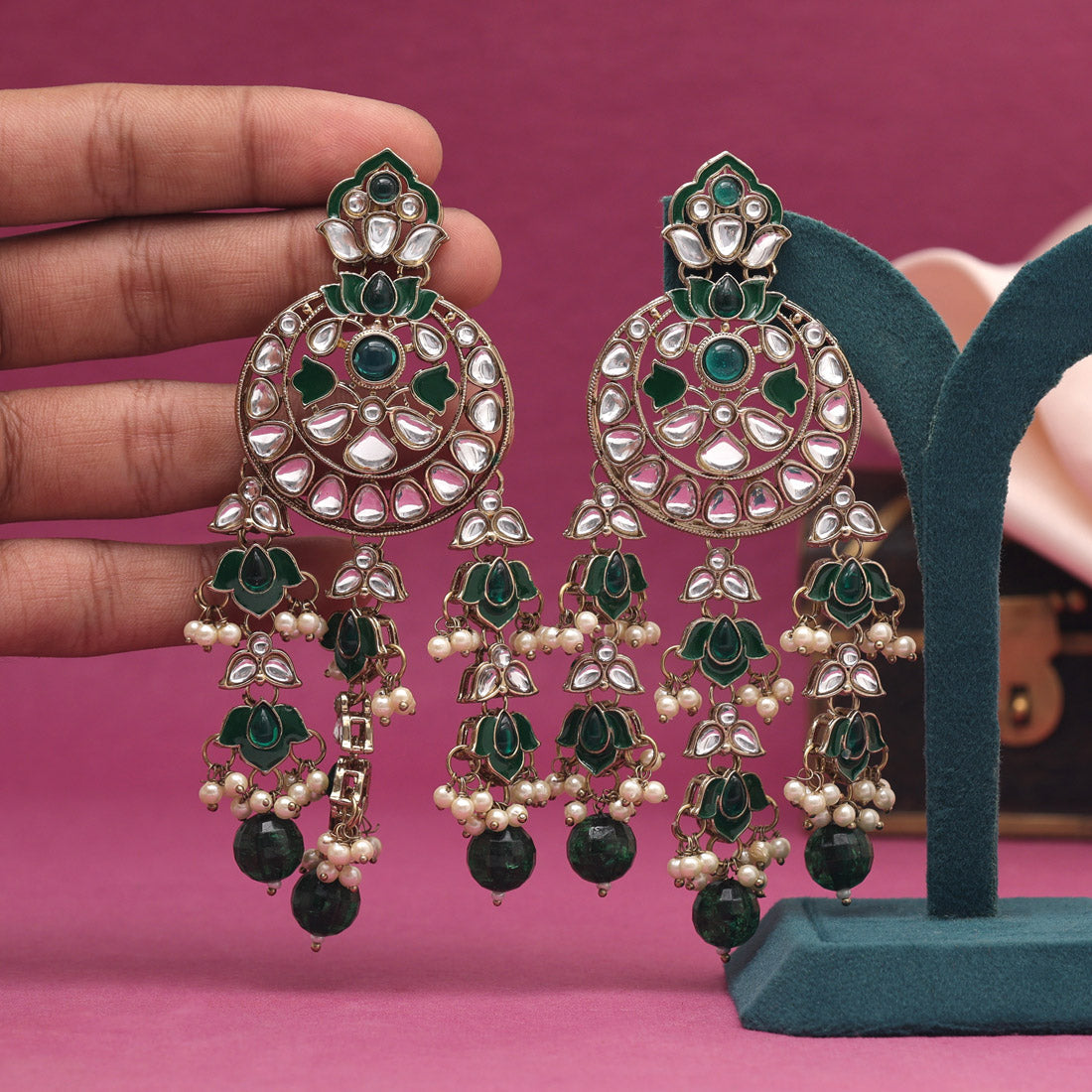 Green Color Kundan Earrings (KDE941GRN) - preyans.com