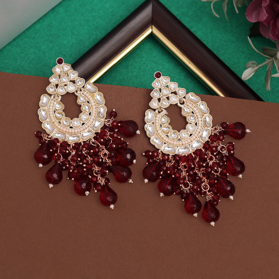 Maroon Color Kundan Earrings (KDE942MRN) - preyans.com