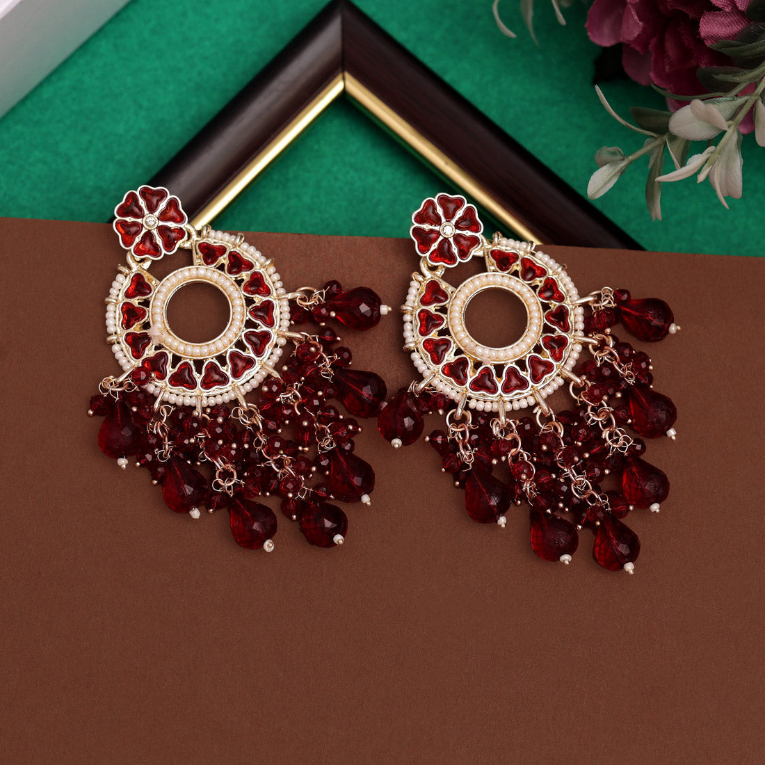 Maroon Color Kundan Earrings (KDE943MRN) - preyans.com