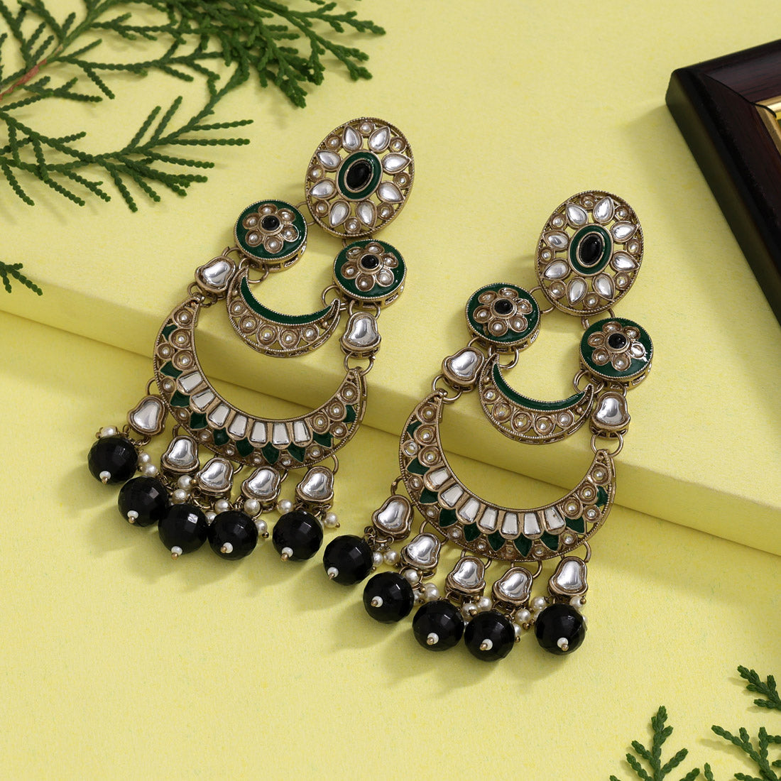 Black Color Kundan Earrings (KDE944BLK) - preyans.com