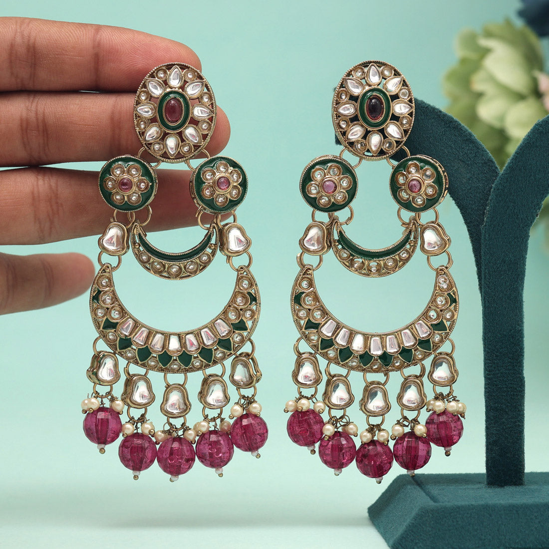 Magenta Color Kundan Earrings (KDE944MNT) - Preyans.com