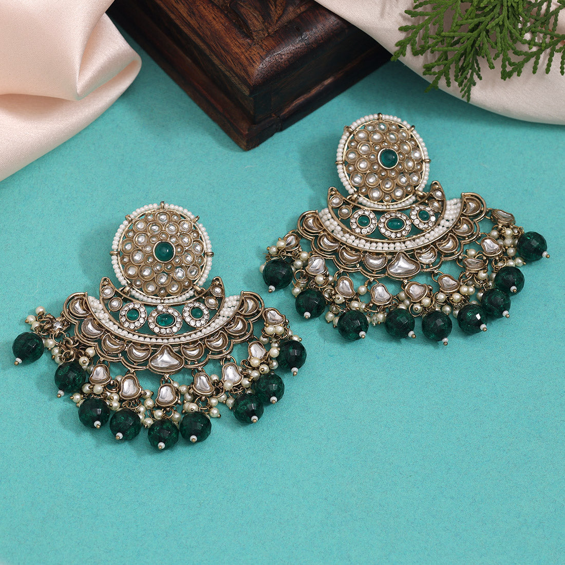 Green Color Kundan Earrings (KDE946GRN) - preyans.com