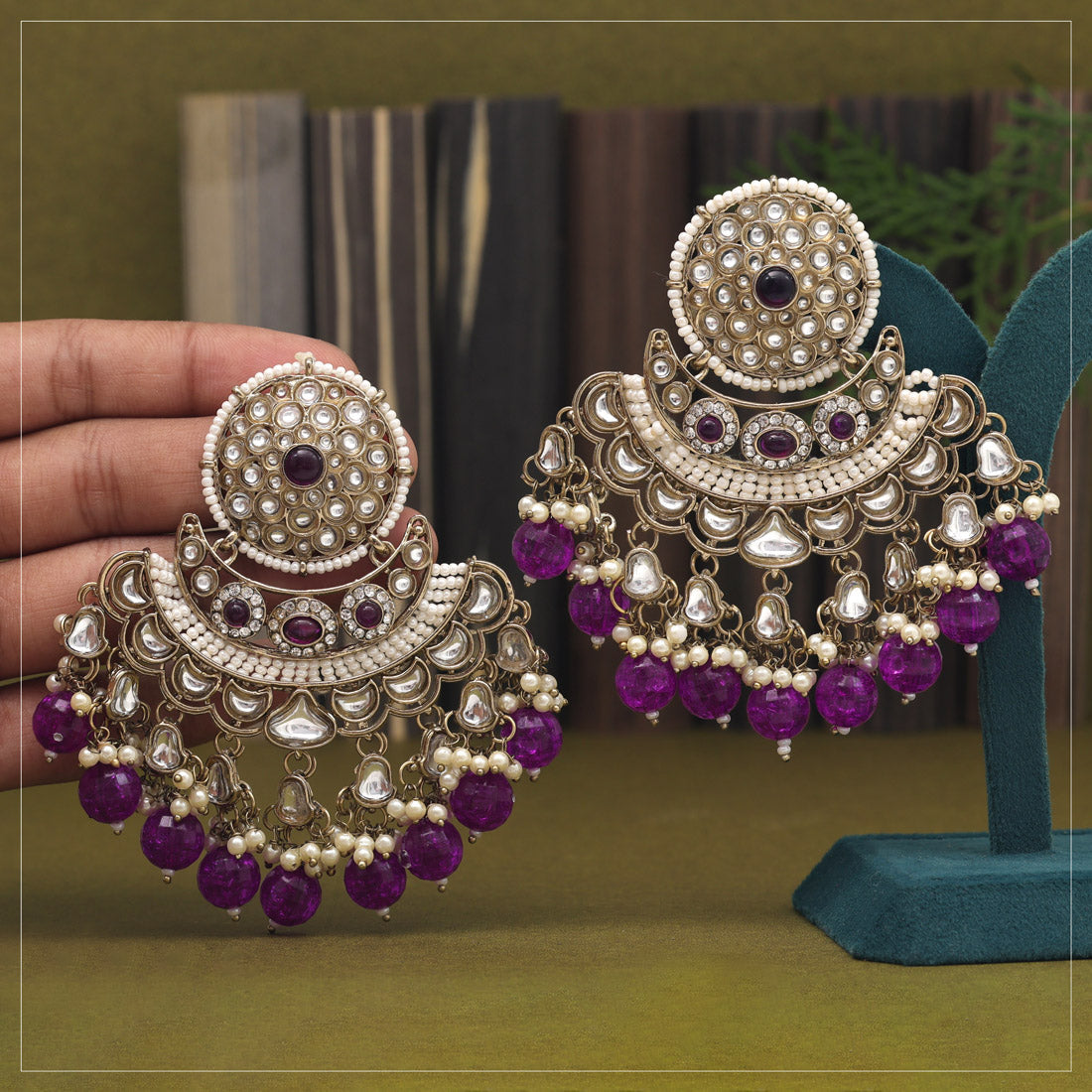 Purple Color Kundan Earrings (KDE946PRP) - preyans.com