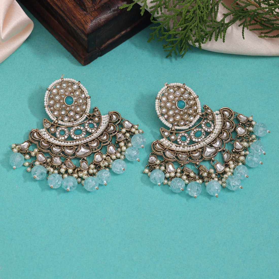 Sky Blue Color Kundan Earrings (KDE946SBLU) - preyans.com