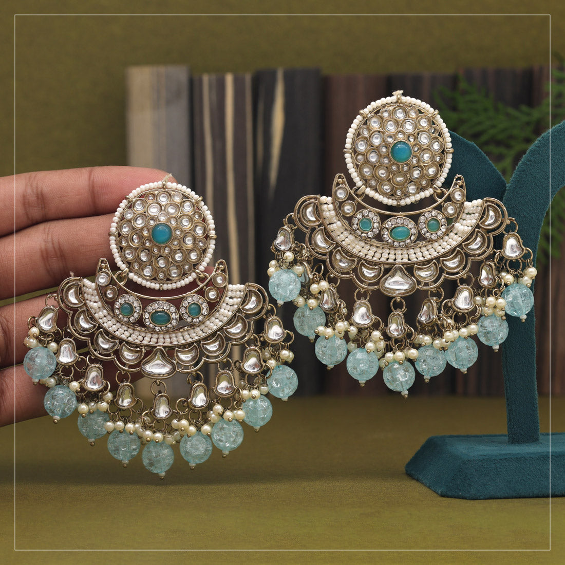 Sky Blue Color Kundan Earrings (KDE946SBLU) - preyans.com