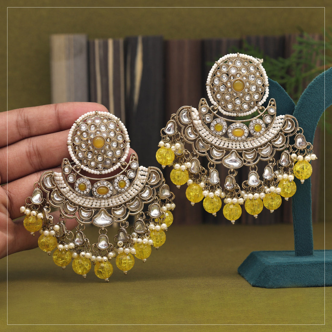 Yellow Color Kundan Earrings (KDE946YLW) - preyans.com