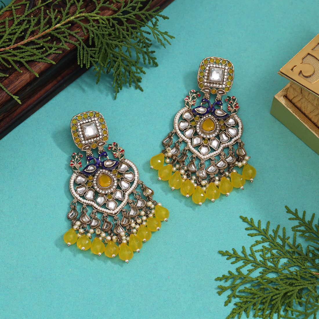 Yellow Color Kundan Earrings (KDE947YLW) - preyans.com