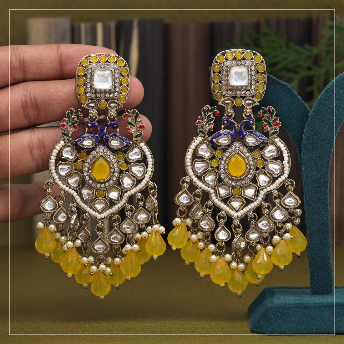 Yellow Color Kundan Earrings (KDE947YLW) - preyans.com