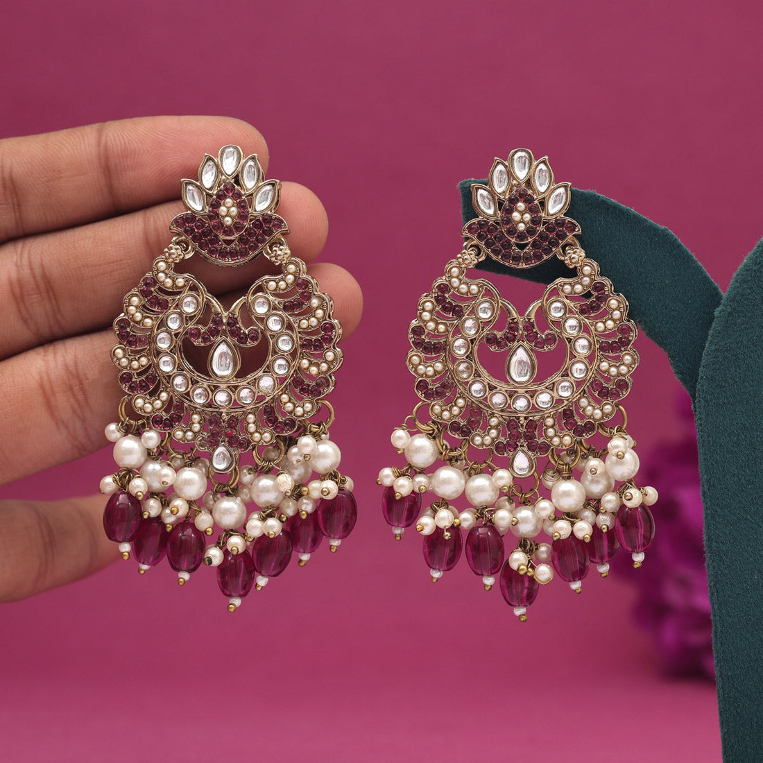 Magenta Color Kundan Earrings (KDE951MNT) - preyans.com