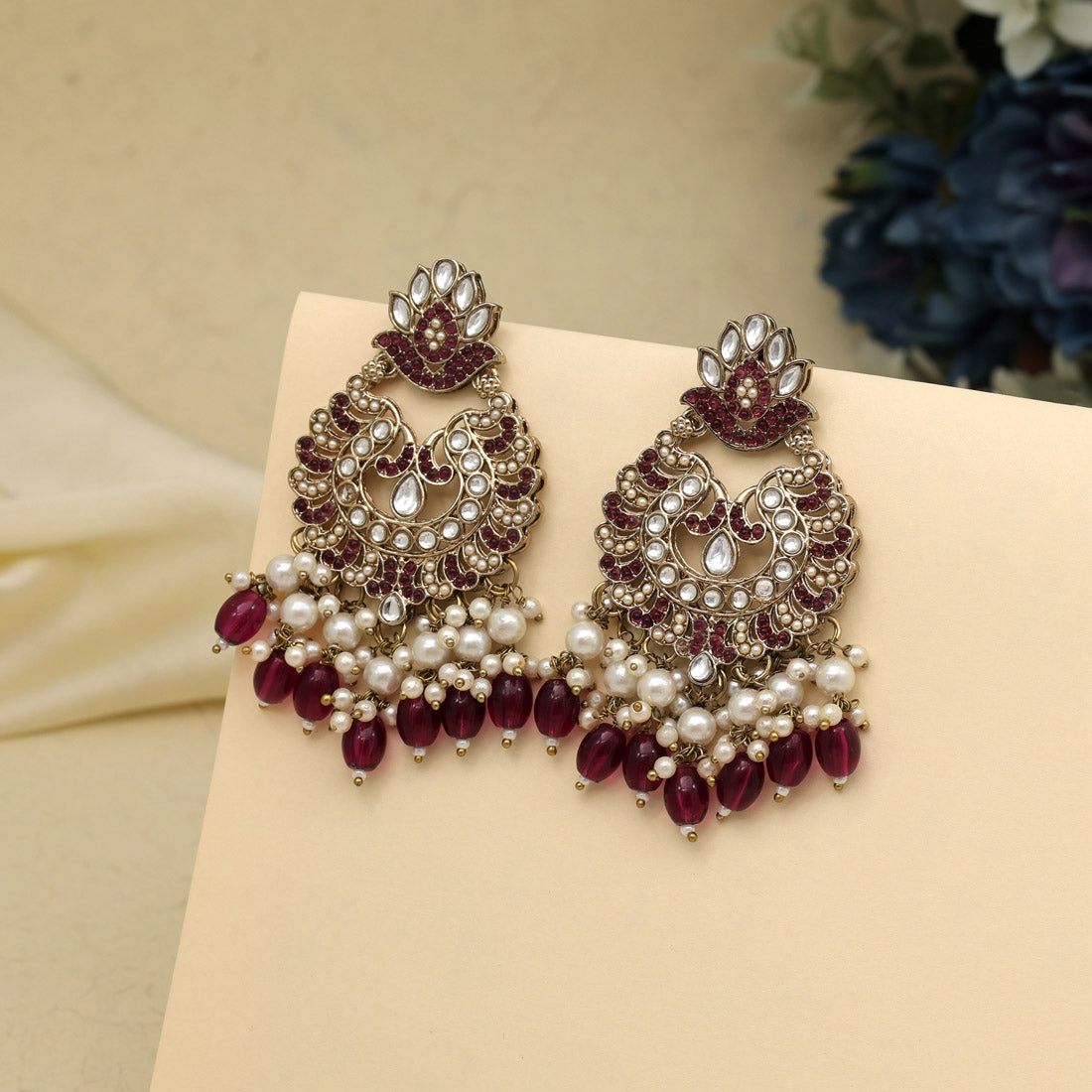 Magenta Color Kundan Earrings (KDE951MNT) - preyans.com