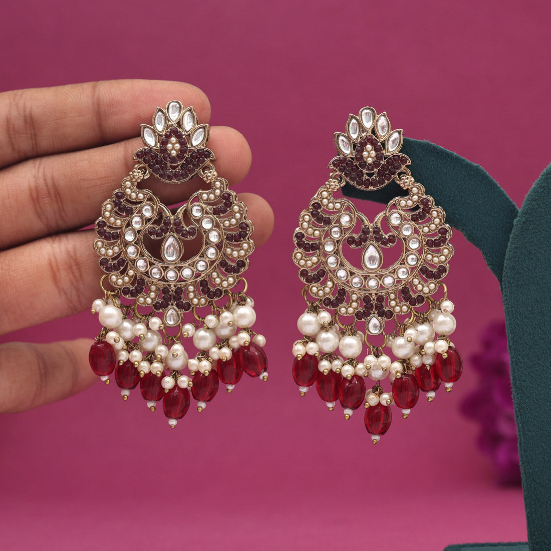 Maroon Color Kundan Earrings (KDE951MRN) - preyans.com