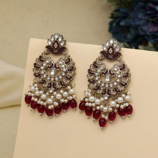 Maroon Color Kundan Earrings (KDE951MRN) - preyans.com