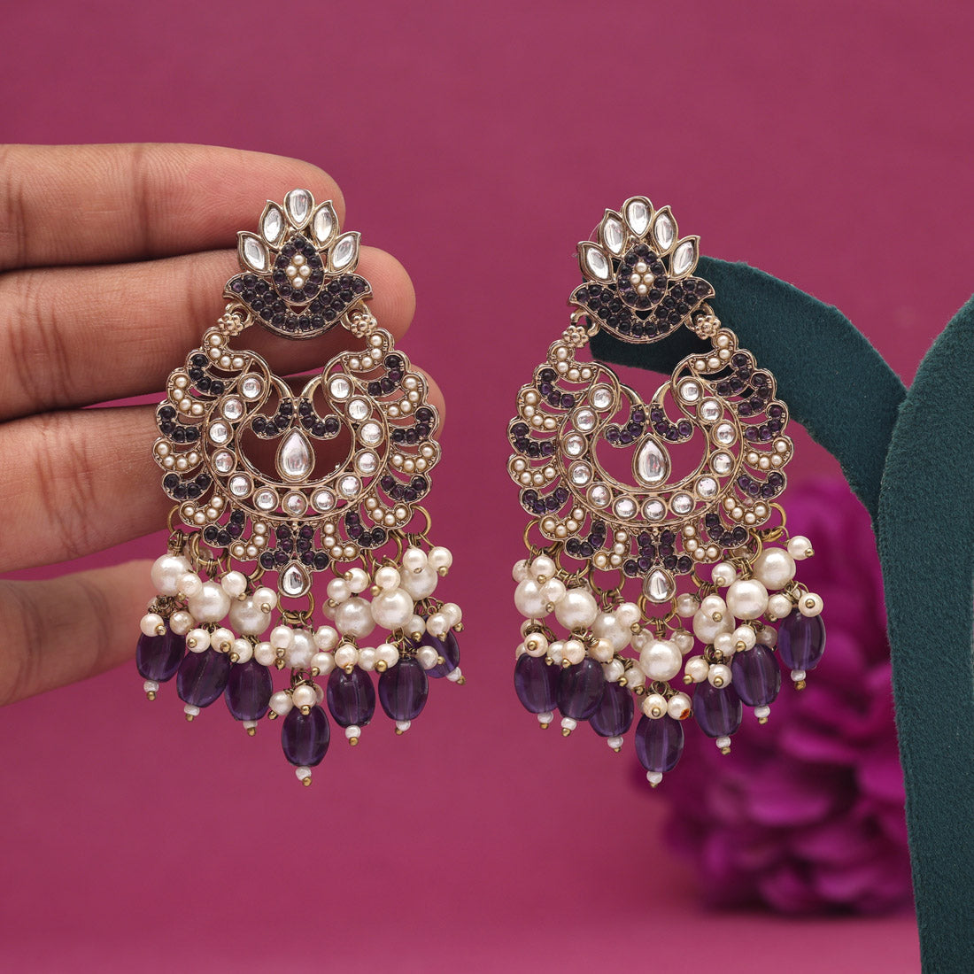 Purple Color Kundan Earrings (KDE951PRP) - preyans.com