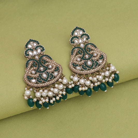 Green Color Kundan Earrings (KDE952GRN) - preyans.com