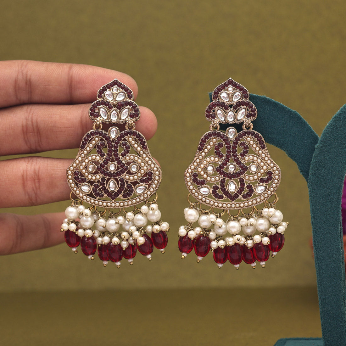 Maroon Color Kundan Earrings (KDE952MRN) - preyans.com