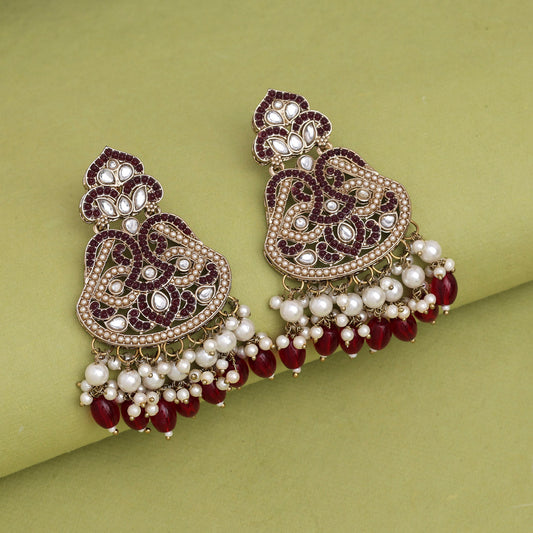 Maroon Color Kundan Earrings (KDE952MRN) - preyans.com