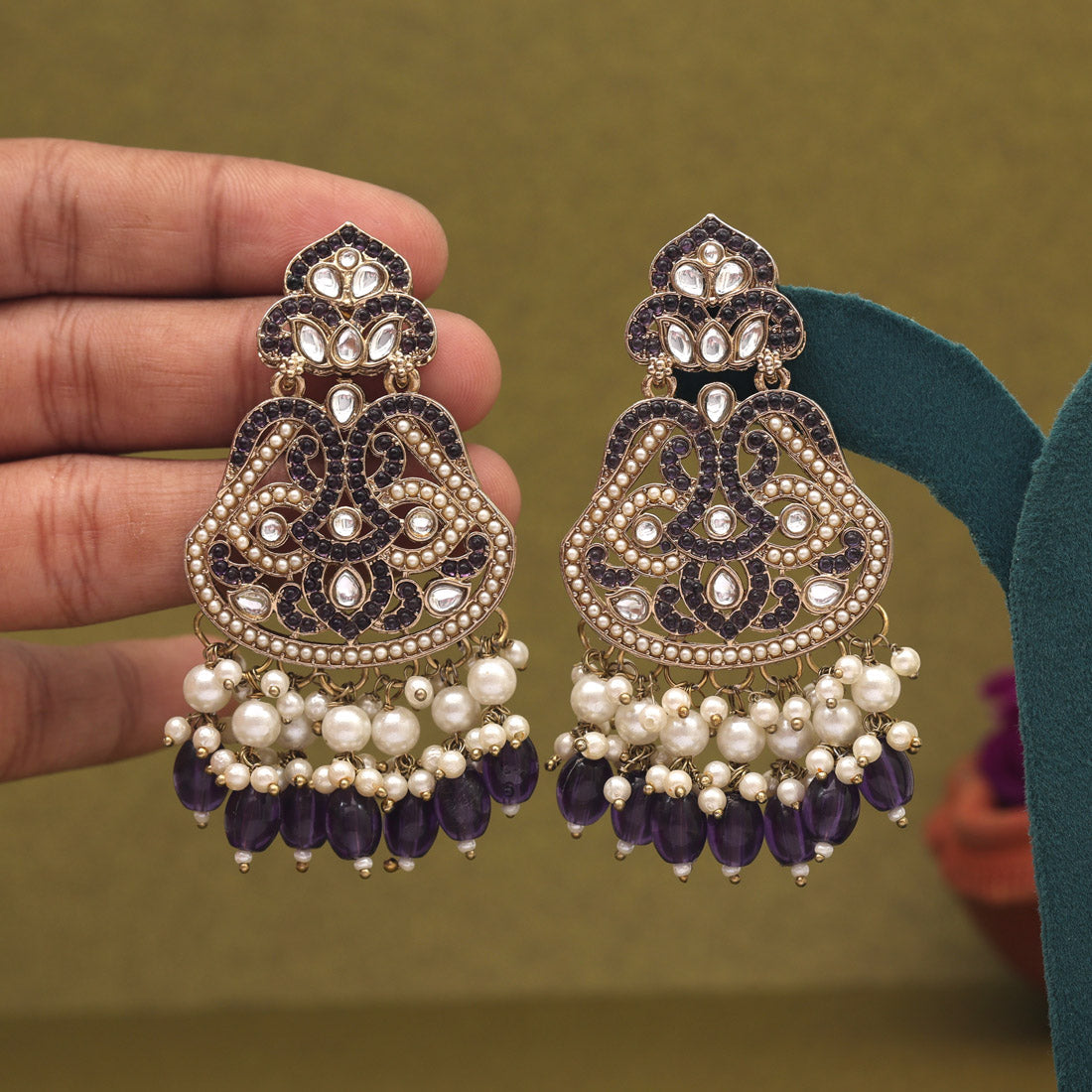 Purple Color Kundan Earrings (KDE952PRP) - preyans.com