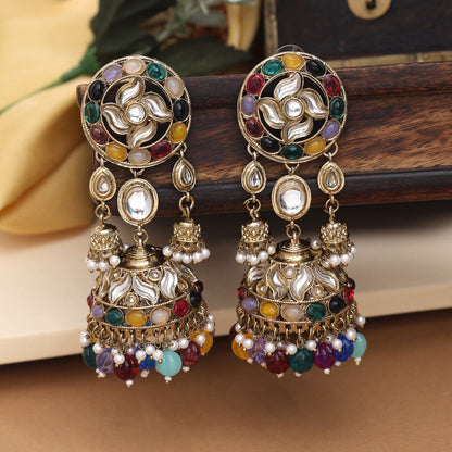 Multi Color Big Size Jhumka Kundan Earrings (KDE958MLT) - preyans.com