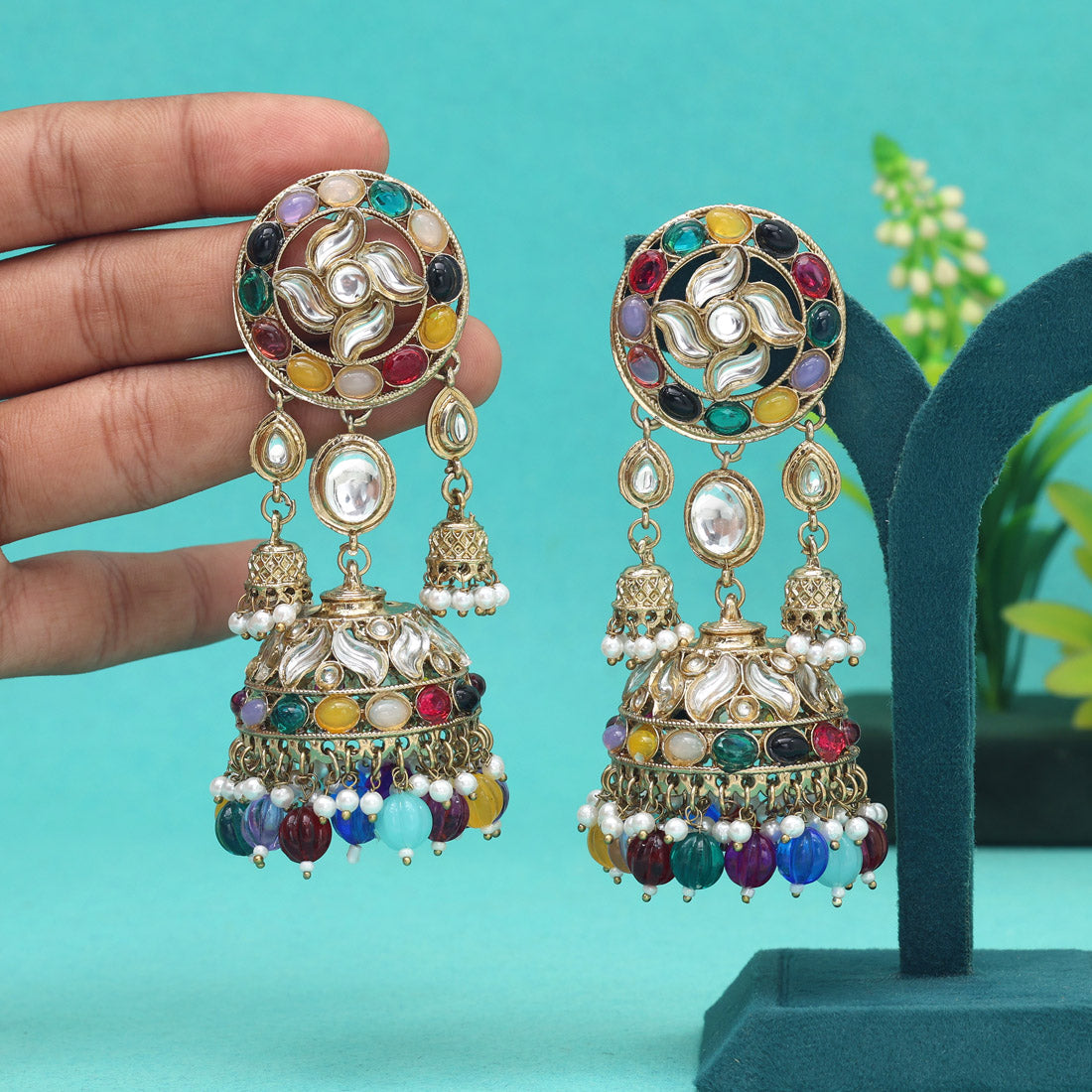 Multi Color Big Size Jhumka Kundan Earrings (KDE958MLT) - preyans.com