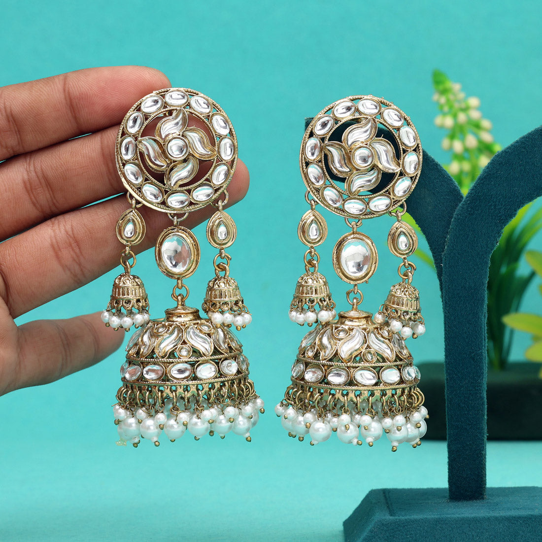 White Color Big Size Jhumka Kundan Earrings (KDE958WHT) - preyans.com