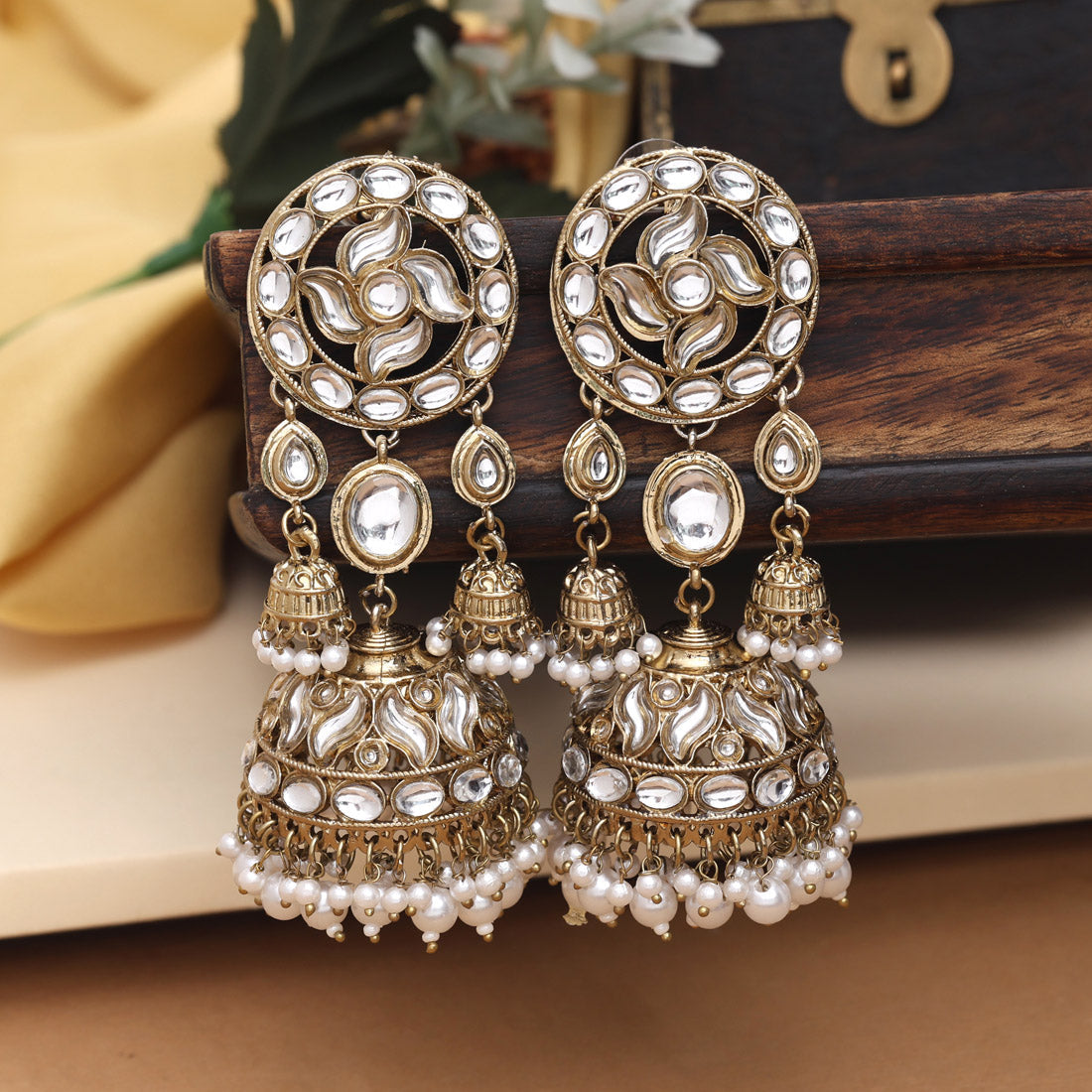 White Color Big Size Jhumka Kundan Earrings (KDE958WHT) - preyans.com