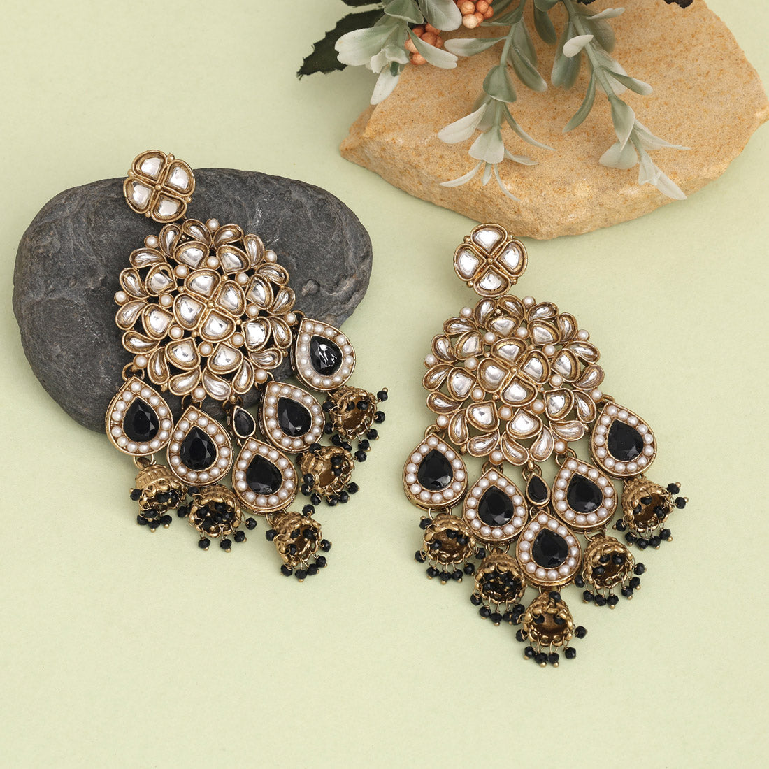 Black Color Kundan Earrings (KDE959BLK) - preyans.com