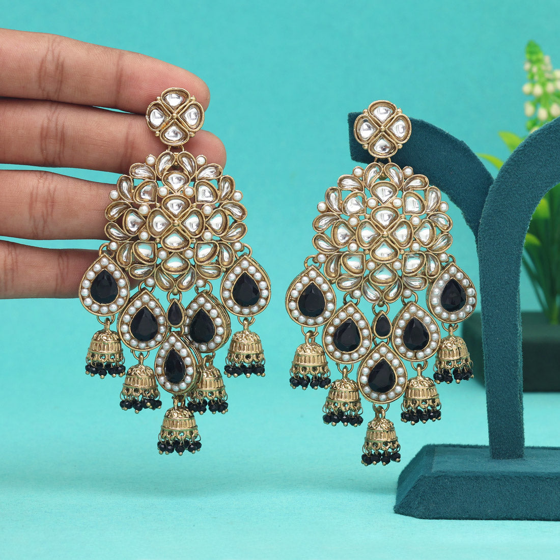 Black Color Kundan Earrings (KDE959BLK) - preyans.com