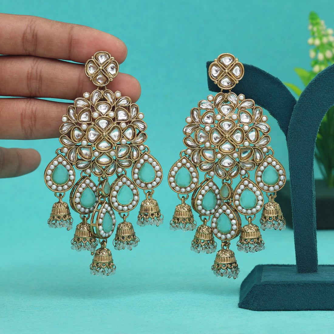 Pista Green Color Kundan Earrings (KDE959PGRN) - preyans.com